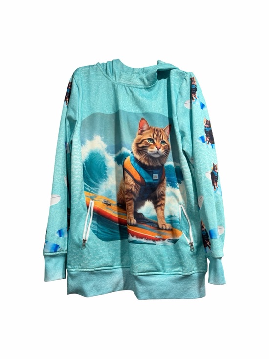 Tops - Surfing Cat All Over Print Hoodie Teal Zip Pockets Stain Size XXL